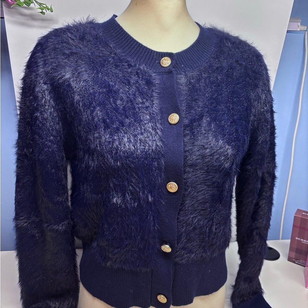 Navy Fuzzy Cropped Cardigan with Gold Buttons size Large or Medium